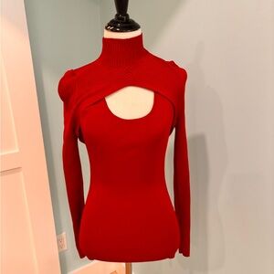 White House Black Market Red Cowl Neck ribbed stretch long sleeved top
